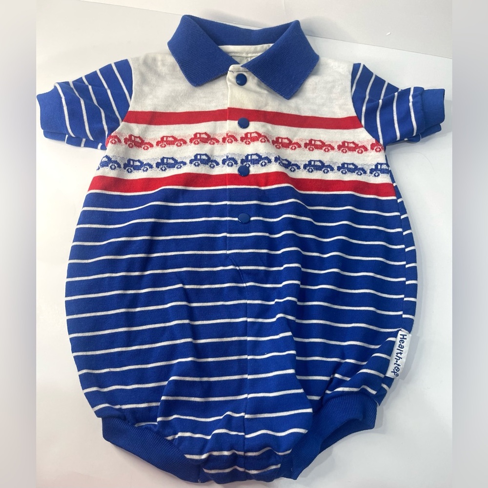 Vtg Health-Tex Romper One Piece White  Blue Red Car 18 Months USA Short Sleeve